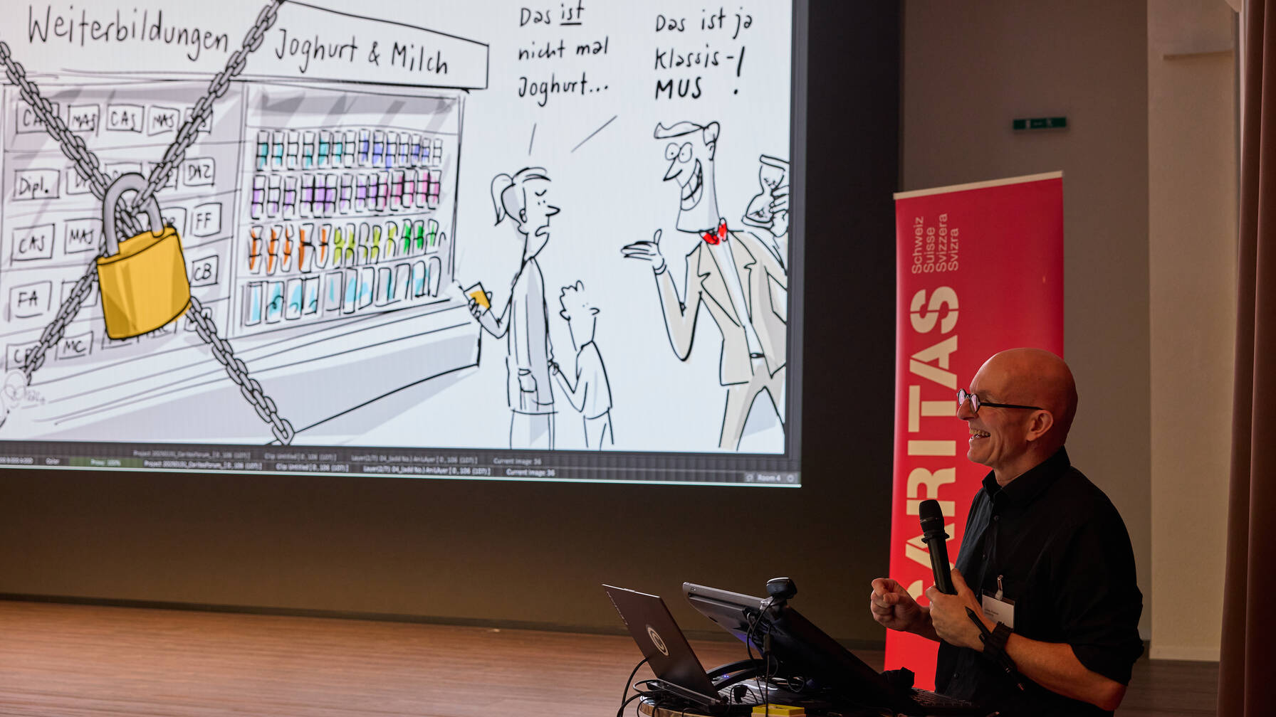 Gymnastique cérébrale avec intelligence : le dessinateur Jonas Raeber a accompagné le congrès de Caritas de sa plume précise, provoquant les rires. 