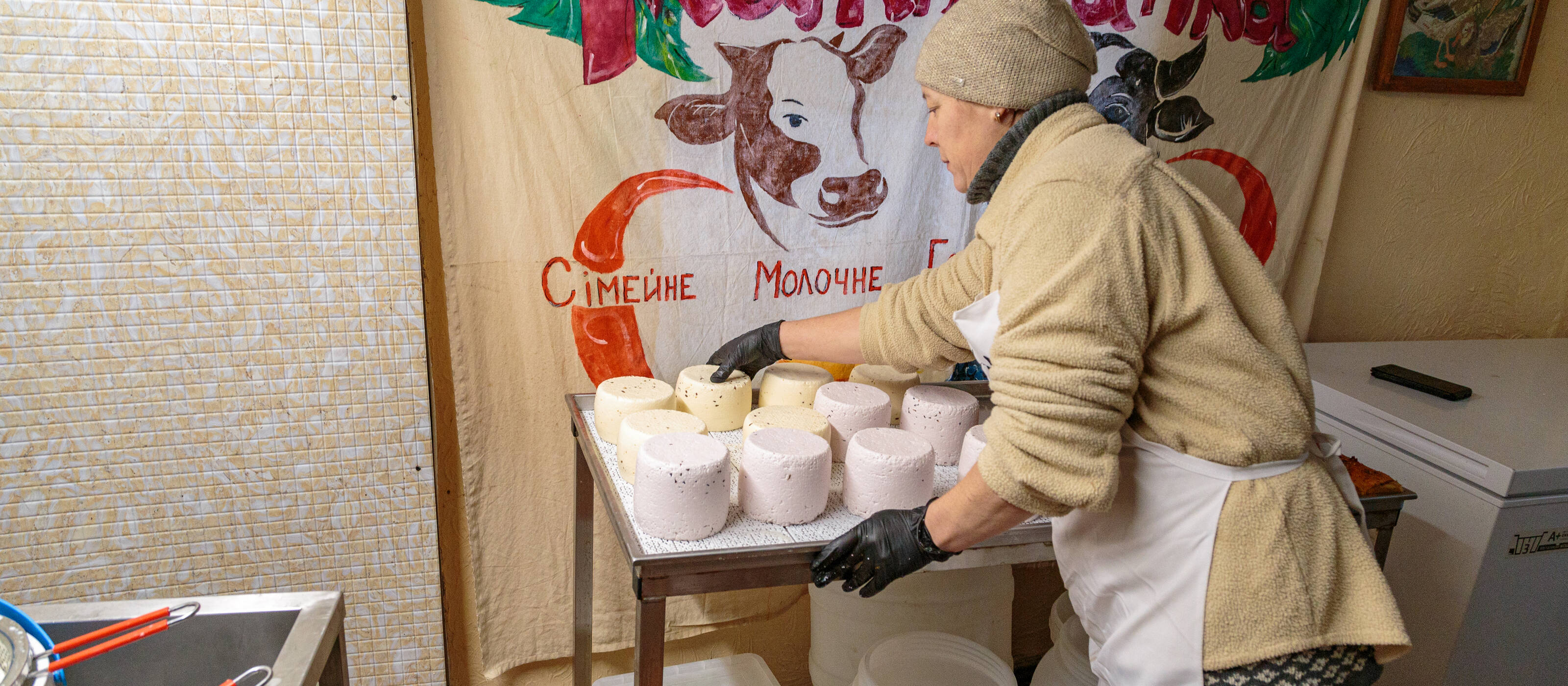 Olena and her family fled the war and settled in a safe part of Ukraine. There, they set up a cheese business with cows. Thanks to Caritas funding a tractor, they no longer have to buy feed for the cows and can produce their cheese more affordably.