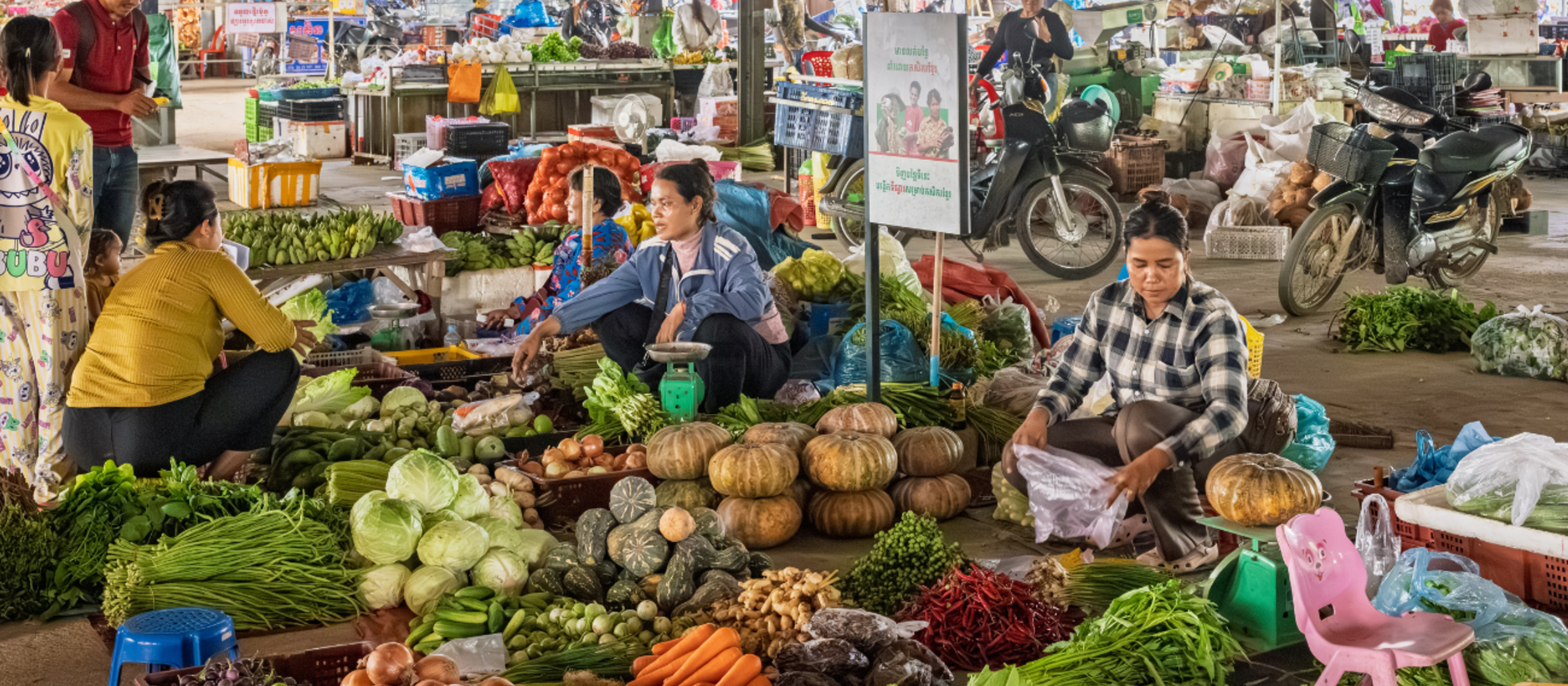 Promoting local organic products at a market in Cambodia