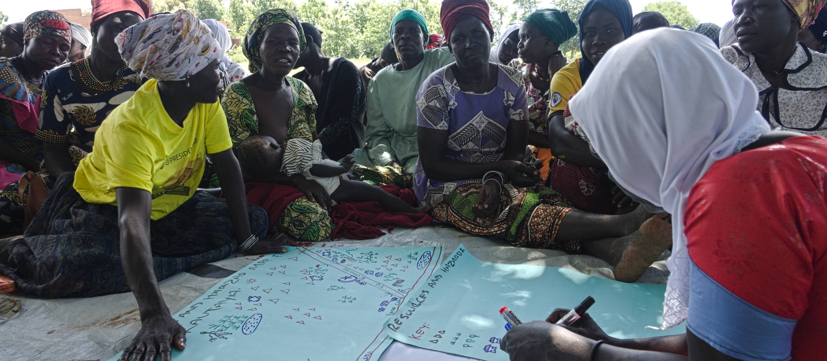 Project participants in a refugee community in Yumbe, Uganda doing a resource and hazard mapping