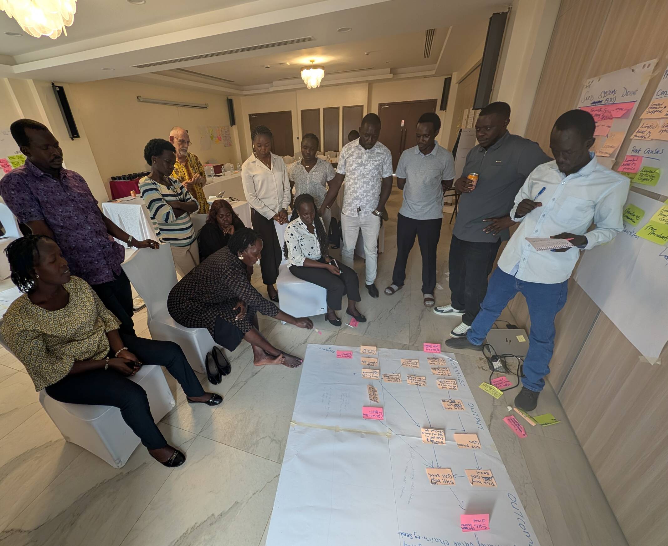 Training participants discussing the results chain for seed sector development through the localization of seed production and marketing—one of the SMAC+ Project’s strategic portfolios.