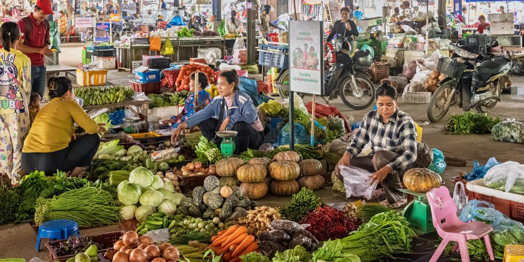 Promoting local organic products at a market in Cambodia